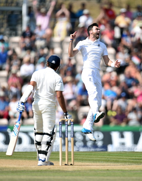 SOUTHAMPTON, ENGLAND - JULY 31: England bowler James Anderson celebrates after dismissing India batsman Rohit Sharma during day five of the 3rd Investec Test match between England and India at Ageas Bowl on July 31, 2014 in Southampton, England. (Photo by Stu Forster/Getty Images)