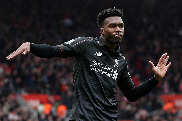 Liverpool's English striker Daniel Sturridge dances as he celebrates scoring his team's second goal during the English Premier League football match between Southampton and Liverpool at St Mary's Stadium in Southampton, southern England on March 20, 2016. / AFP / ADRIAN DENNIS / RESTRICTED TO EDITORIAL USE. No use with unauthorized audio, video, data, fixture lists, club/league logos or 'live' services. Online in-match use limited to 75 images, no video emulation. No use in betting, games or single club/league/player publications. / (Photo credit should read ADRIAN DENNIS/AFP/Getty Images)