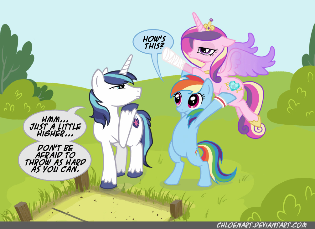 princess cadance, rainbow dash, and shining armor drawn by chloenart