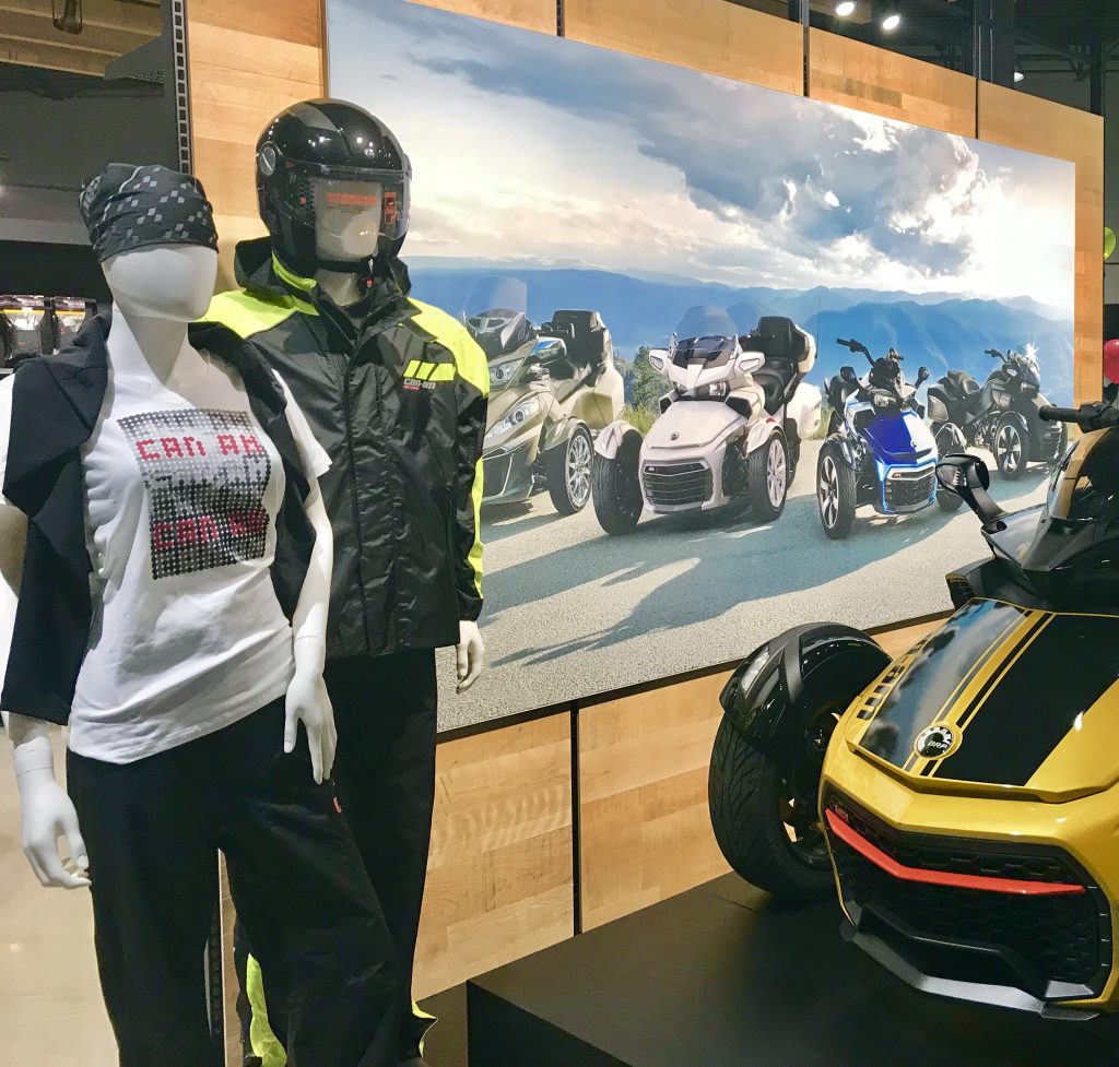 Mannequins dressed to ride. Display vignette for BRP Can-Am Spyder.