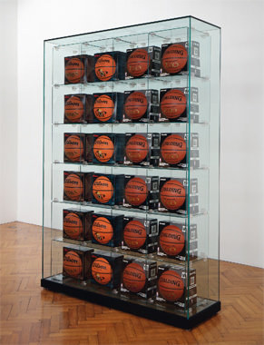 'Encased - Four Rows (6 Wilson Michael Jordan Basketballs, 6 Wilson MVP Basketballs, 12 Spalding Zi/O Basketballs)' Jeff Koons