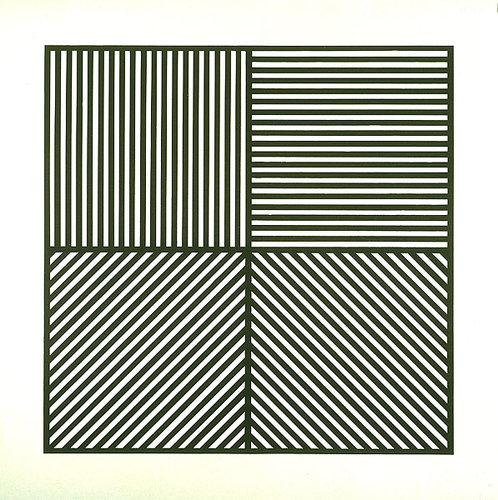 'A square divided horizontally and vertically into four equal parts, each with a different direction of alternating parallel bands of lines (woodcut) ' Sol LeWitt