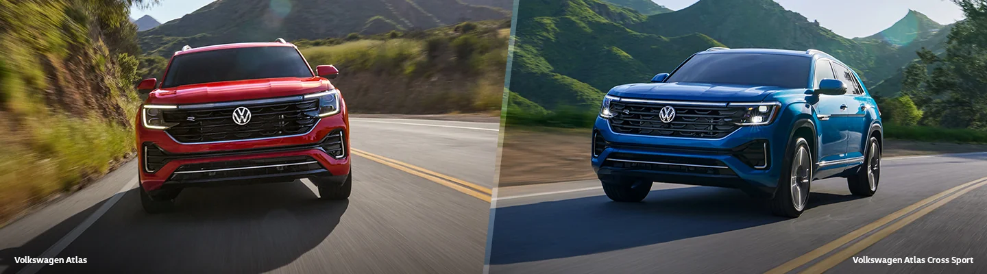 split image of a red Volkswagen Atlas & blue Atlas Cross Sport