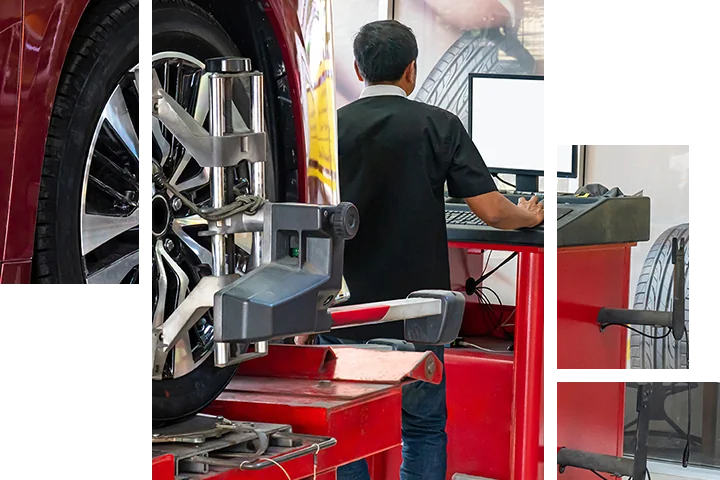 Service tech working on a wheel alignment