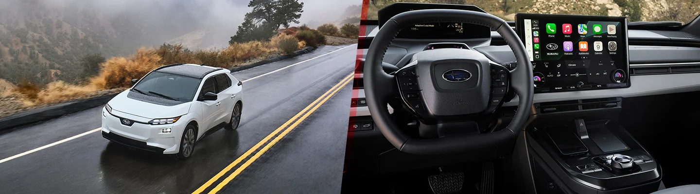 top view of a 2026 Subaru Solterra and the interior in a split image