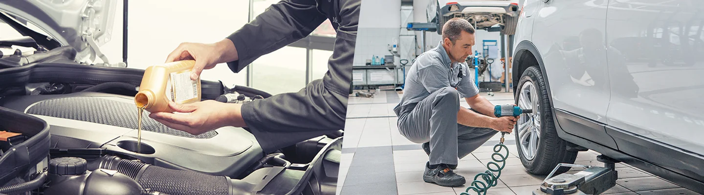 Subaru service techs changing Oil and a Subaru service tech tire work being done in Nederland, TX