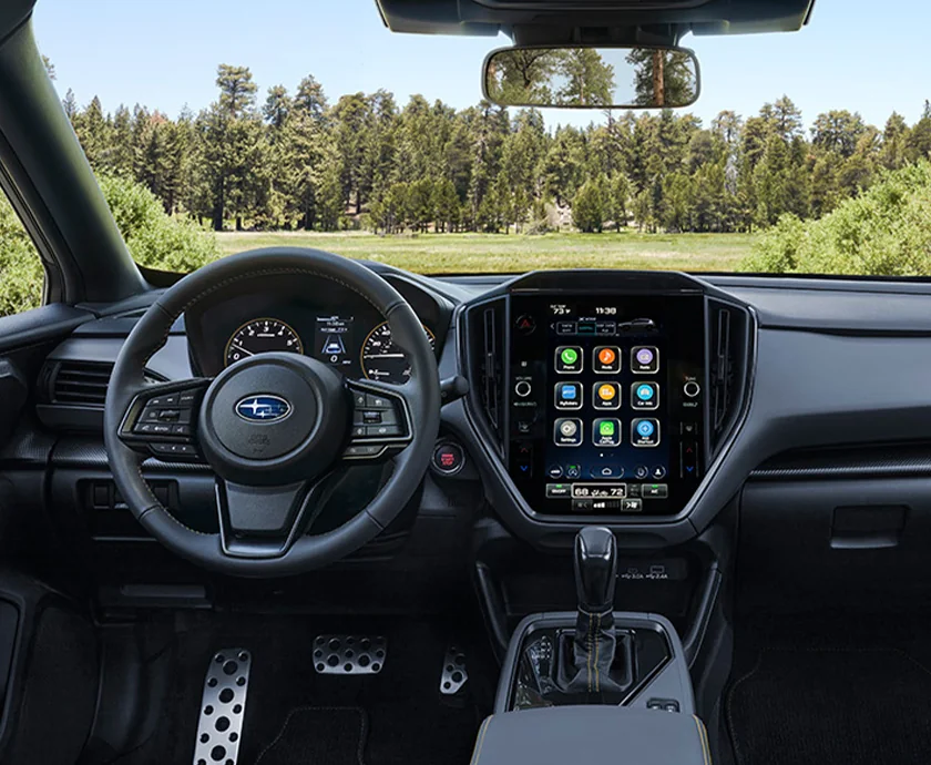 Interior view of the dashbaord and tech of a 2026 Subaru Crosstrek