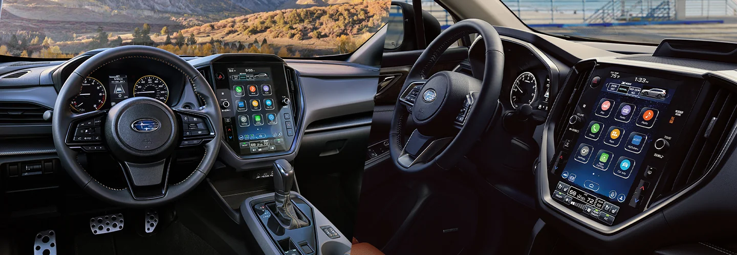 Side by side images of the interior of the dashboards of a 2025 Subaru Crosstrek and 2025 Subaru Ascent