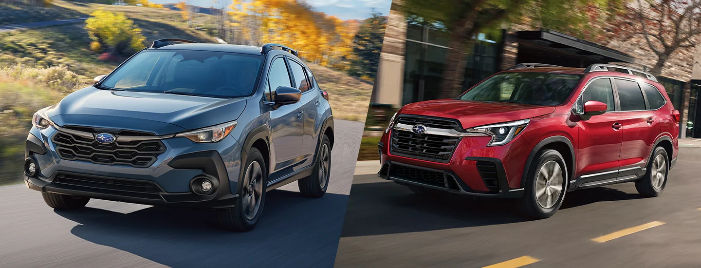 Side by side images of a 2025 Subaru Crosstrek and 2025 Subaru Ascent