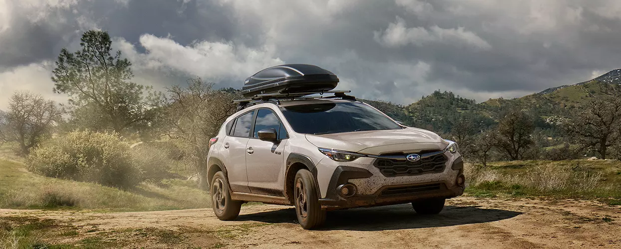 A front view of a tan parked Subaru Crosstrek in the middle of the outback