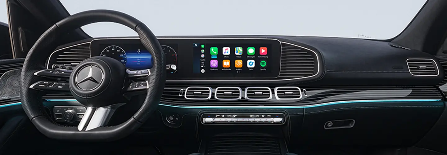 Interior view of the dashboard and tech of a 2025 Mercedes-Benz GLE Coupe