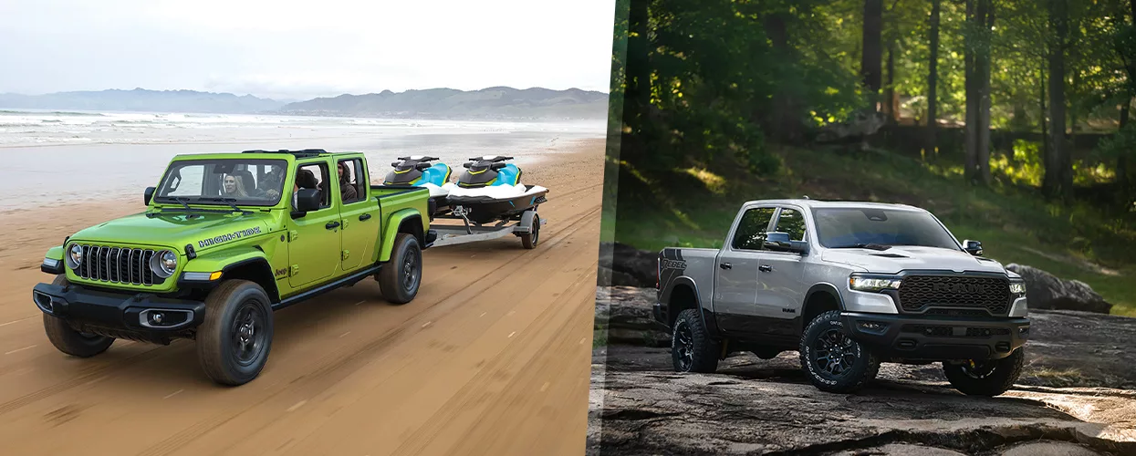 A photo of a green Jeep Gladiator pulling skidoo on the beach and then a Gray RAM 1500 parked in the woods on some rocks