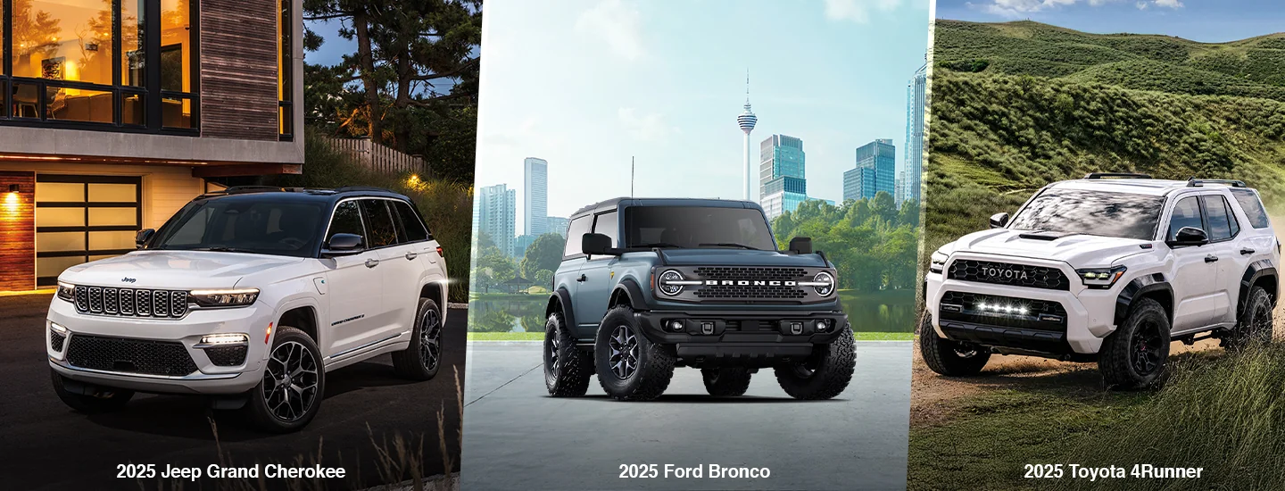 Side by side images of a 2025 Grand Cherokee a 2025 Ford Bronco and a 2025 Toyota 4Runner