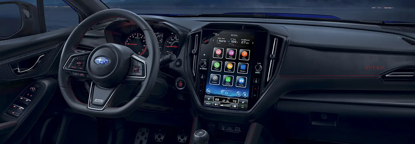 Interior view of the dashboard and tech 2025 Subaru WRX