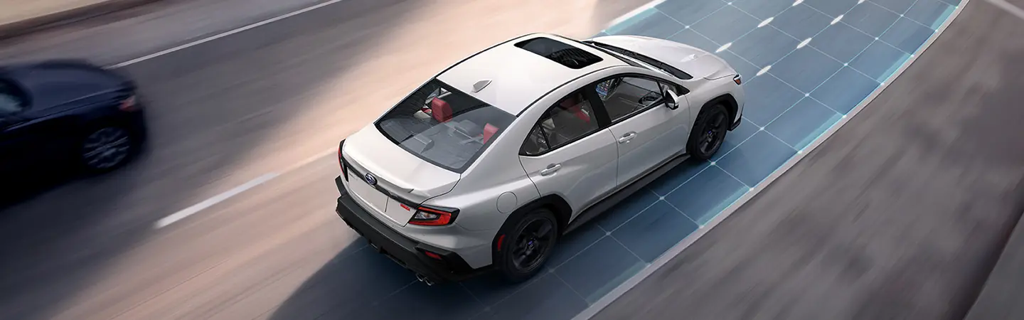 Top view of a white 2025 Subaru WRX showing where the sensors are