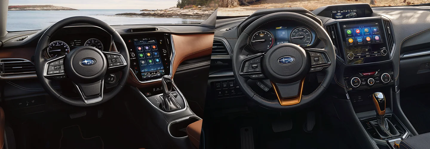 Side by side interview views of a 2025 Subaru Outback and a 2025 Subaru Forester