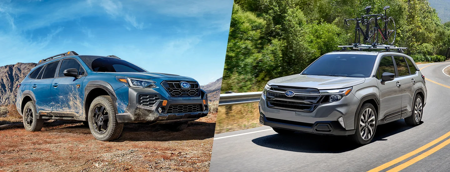 Side by side view of a 2025 Subaru Outback and a 2025 Subaru Forester