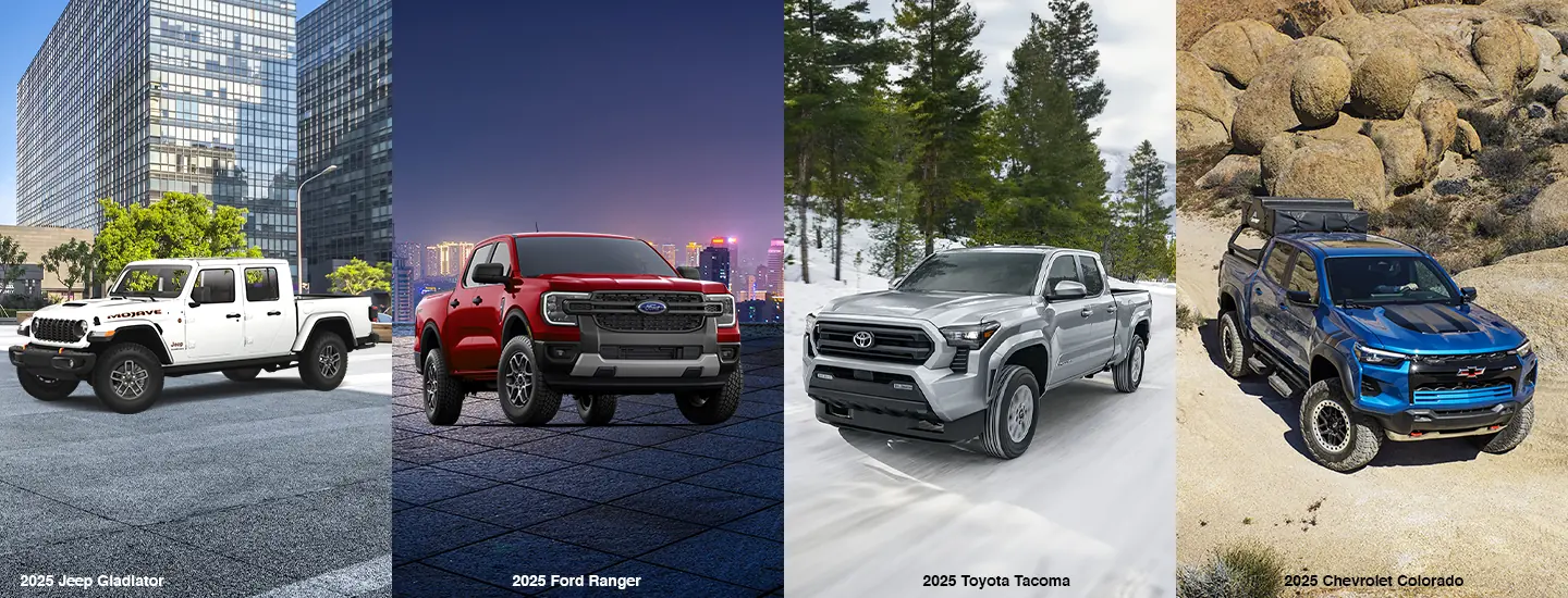 Side by side images of a 2025 Jeep Gladiator a 2025 Ford Ranger a 2025 Toyota Tacoma and a 2025 Chevy Colorado