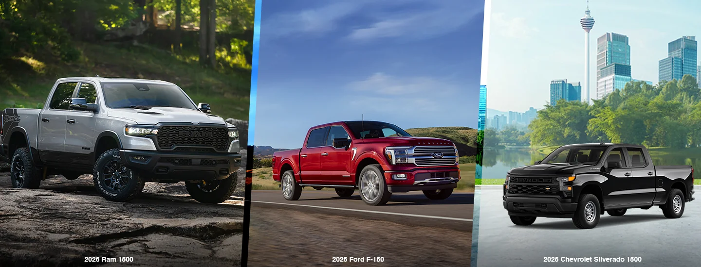Side by side images of a 2026 RAM 1500 a 2025 Ford F-150 and a 2025 Chevrolet Silverado 1500