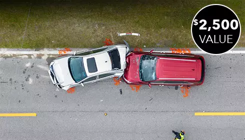 2 car aerial collision $2,500 value burst