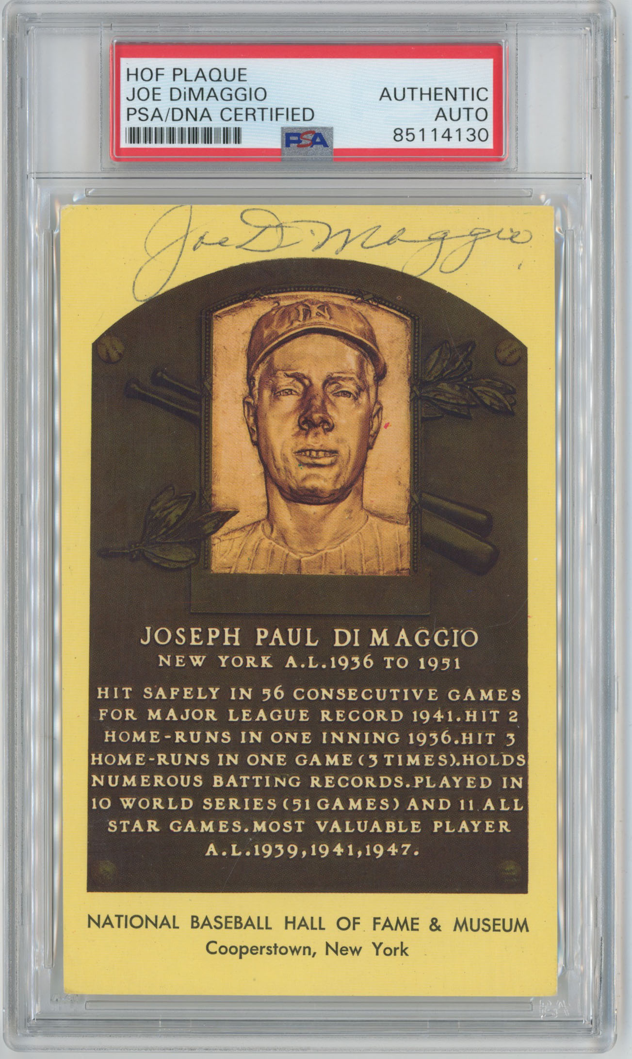 Yellow HOF Plaque 40 Joe DiMaggio 7 (PSA A)