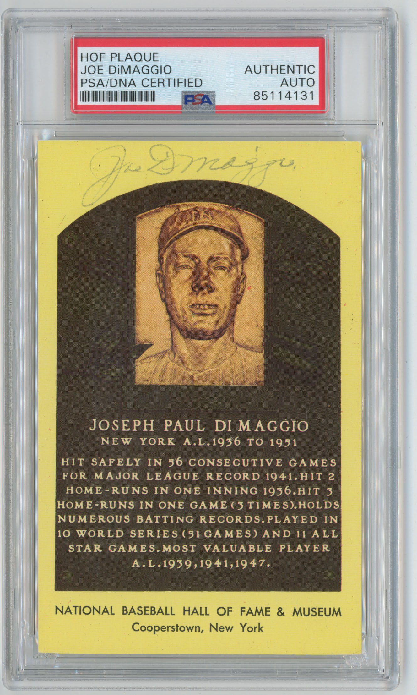 Yellow HOF Plaque 40 Joe DiMaggio 7 (PSA A)