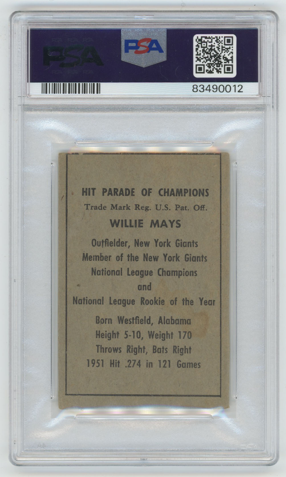 1952 Berk Ross 39 Willie Mays PSA 2 mc