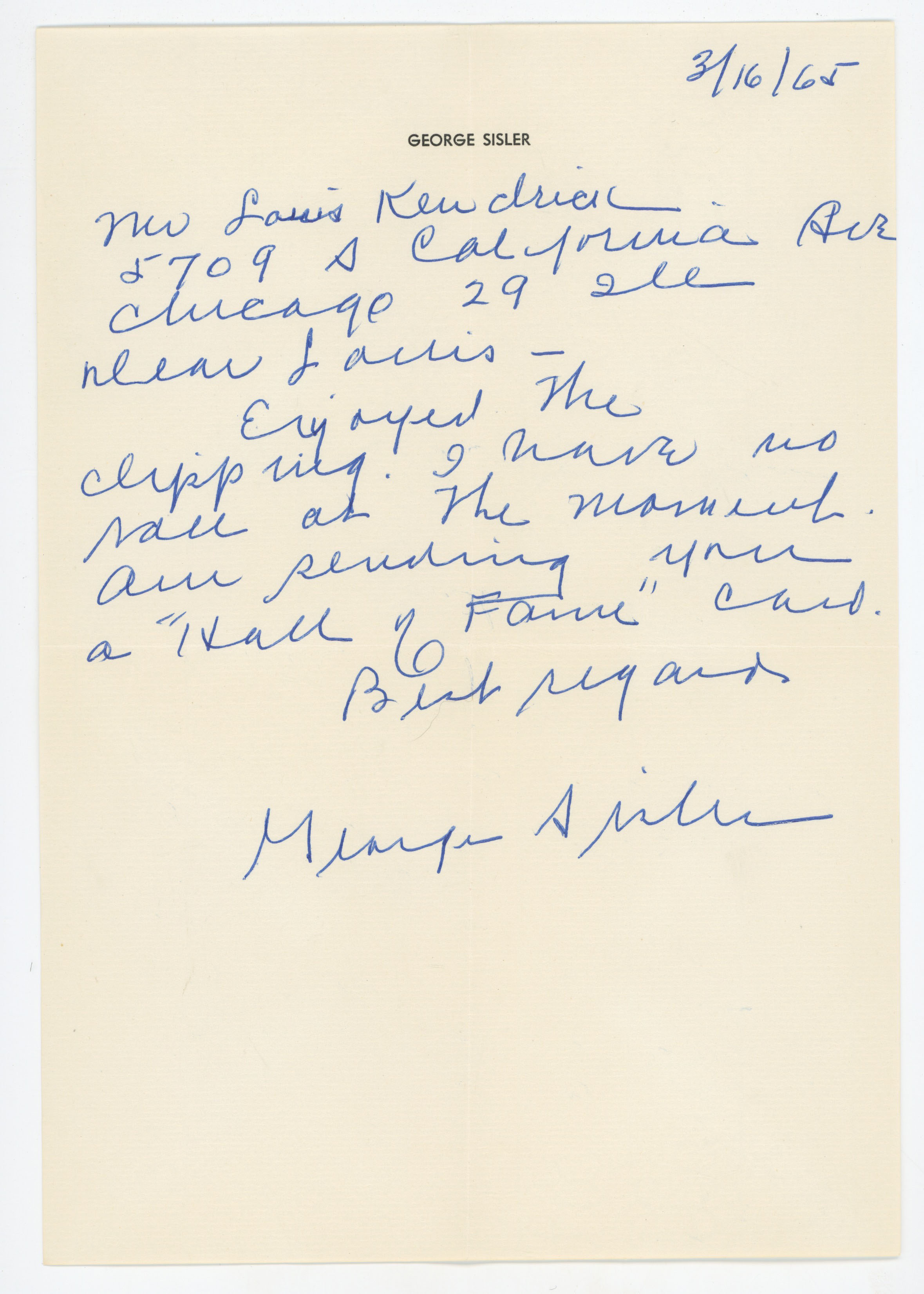 Letter  Sisler, George 1965 ALS 9