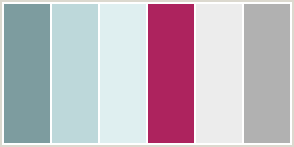 Color Scheme with #7D9C9F #BDD8DA #DFEFF0 #AD235E #ECECEC #B1B1B1