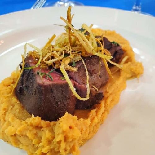 Sous Vide Blackened Elk Tenderloin with Sweet Potato Mash Recipe image