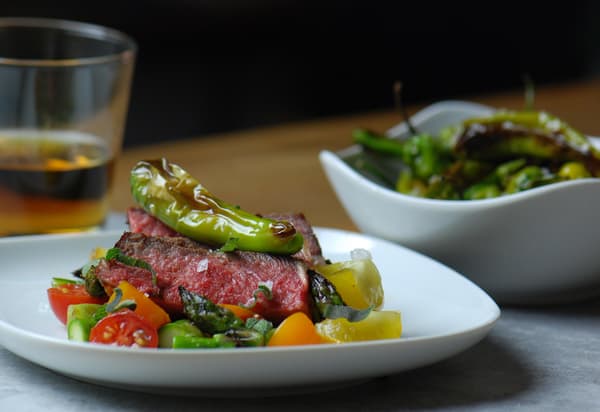 Sous vide steak shishito peppers set Sous vide steak shishito peppers set