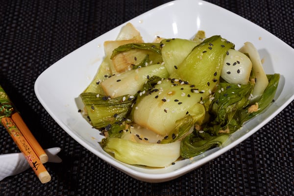 Sous vide bok choy plated close Sous vide bok choy plated close
