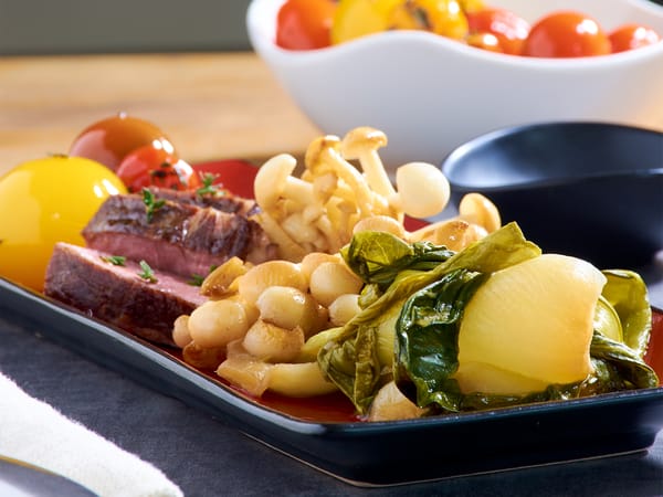 Sous vide steak with bok choy tomatoes mushrooms crop Sous vide steak with bok choy tomatoes mushrooms crop