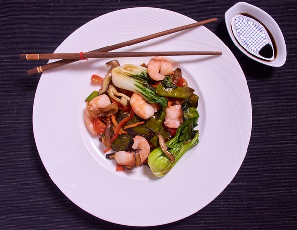 Sous vide shrimp stir fry over Sous vide shrimp stir fry over