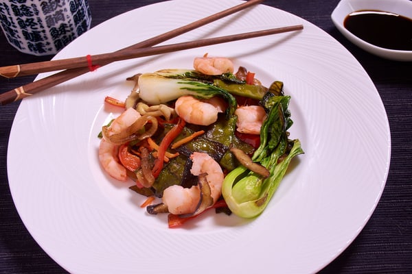 Sous vide shrimp stir fry front Sous vide shrimp stir fry front