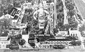 A postcard shows a drawing of an early day Delmar Gardens.