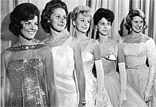In September 1963, five former Miss Oklahoma winners gathered in Oklahoma City. Pictured from left are Anita Bryant (1958), Mary Hazelton (1959), Kay Creed (1960), Dana Reno (1961) and Billi Kaye Smith (1962).