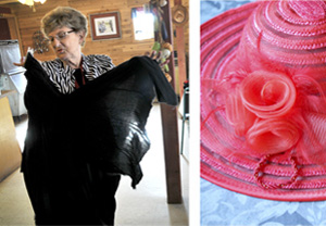 Pauline Hodges shows off a new skirt she plans to wear with her rose hat when she portrays 'Pussy Cat' Nell Jones, proprietor of the Yellow Snake Saloon.  