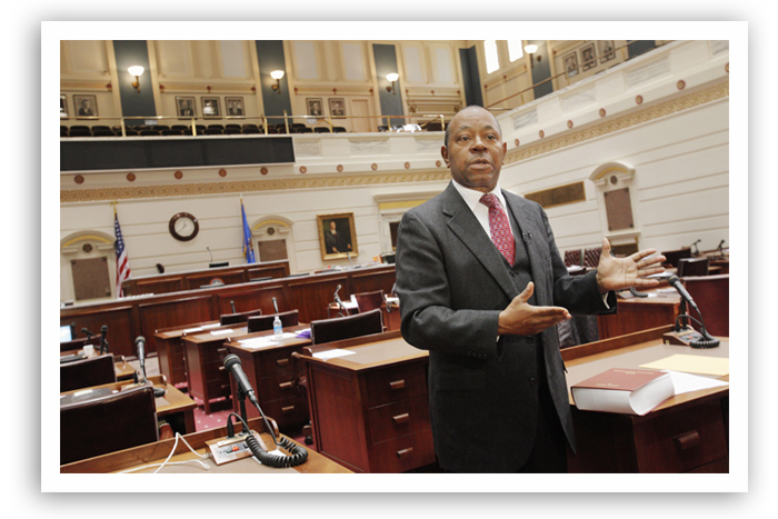 Historian Currie Ballard talking about African American history to reporters on the floor of the Senate at the state Capitol in Oklahoma City Wednesday, Jan. 18, 2012.