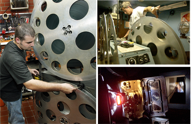 From left, clockwise: Jon Onyshczak works in the projection booth at the Winchester Drive-In. Staff Photo by Nate Billings. Beacon Drive-in movie theater owner Marsh Powell prepares the film for Friday’s show; The projector at Beacon Drive-in Movie Theater. Staff Photos by Emily Schwarze