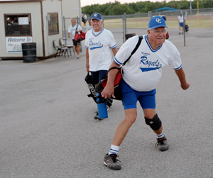 Cletus Price jokes about his leg giving out after a game at the Plex in Oklahoma City, July 19, 2011.
