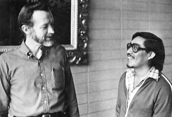 Father Stanley Rother, left, visits with Father Pedro Bocel in Guatemala in 1981.