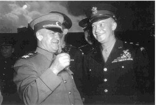 The first phase of ending World War II came in June 1945 when the Germans formally surrendered to Allied forces. Three months later, the Japanese would surrender on the deck of the USS Missouri. Here, Gen. Dwight D. Eisenhower celebrates with Soviet Marshal Gerogi Zhudov. 