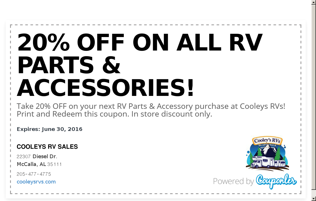 COOLEYS RV SALES coupon 20 Off on all RV Parts & Acces... Couponler