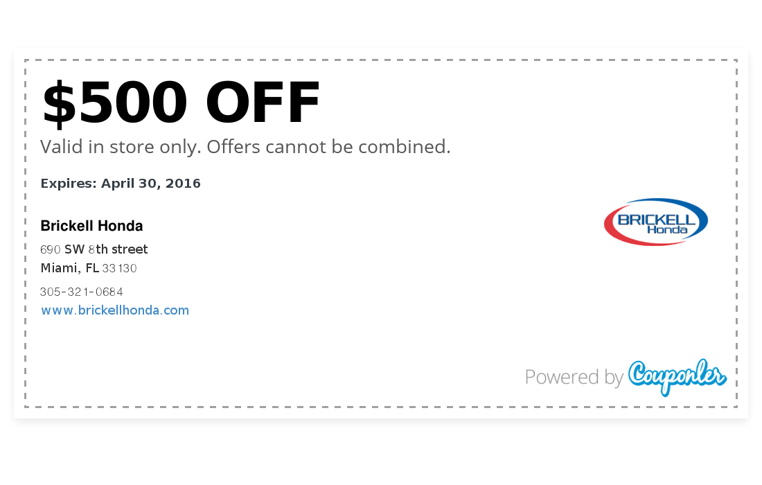Brickell Honda Coupon 500 OFF Couponler
