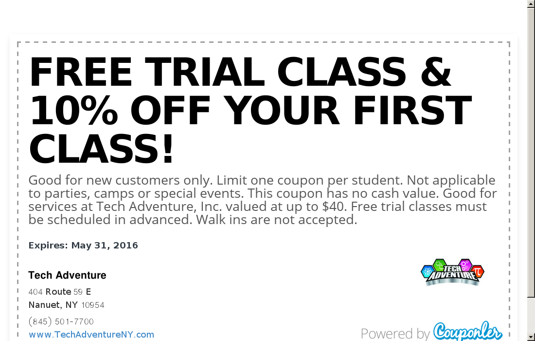 Tech Adventure Coupon FREE TRIAL CLASS 10 OFF YOUR F Couponler