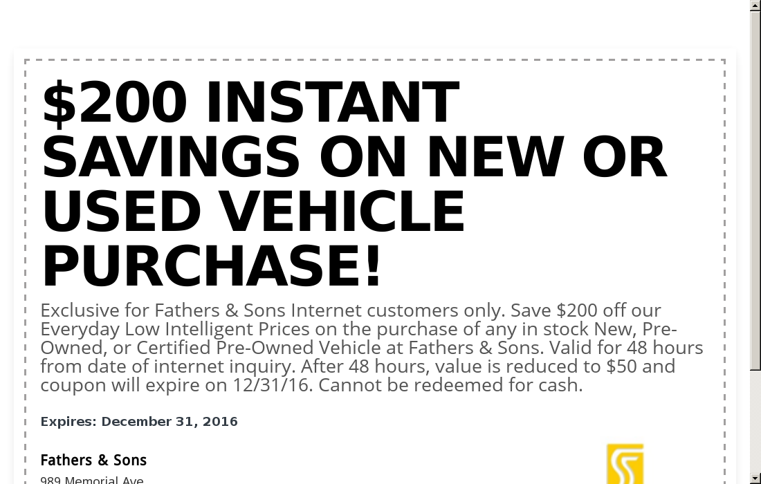 Fathers Sons Coupon 200 INSTANT SAVINGS ON NEW OR US Couponler