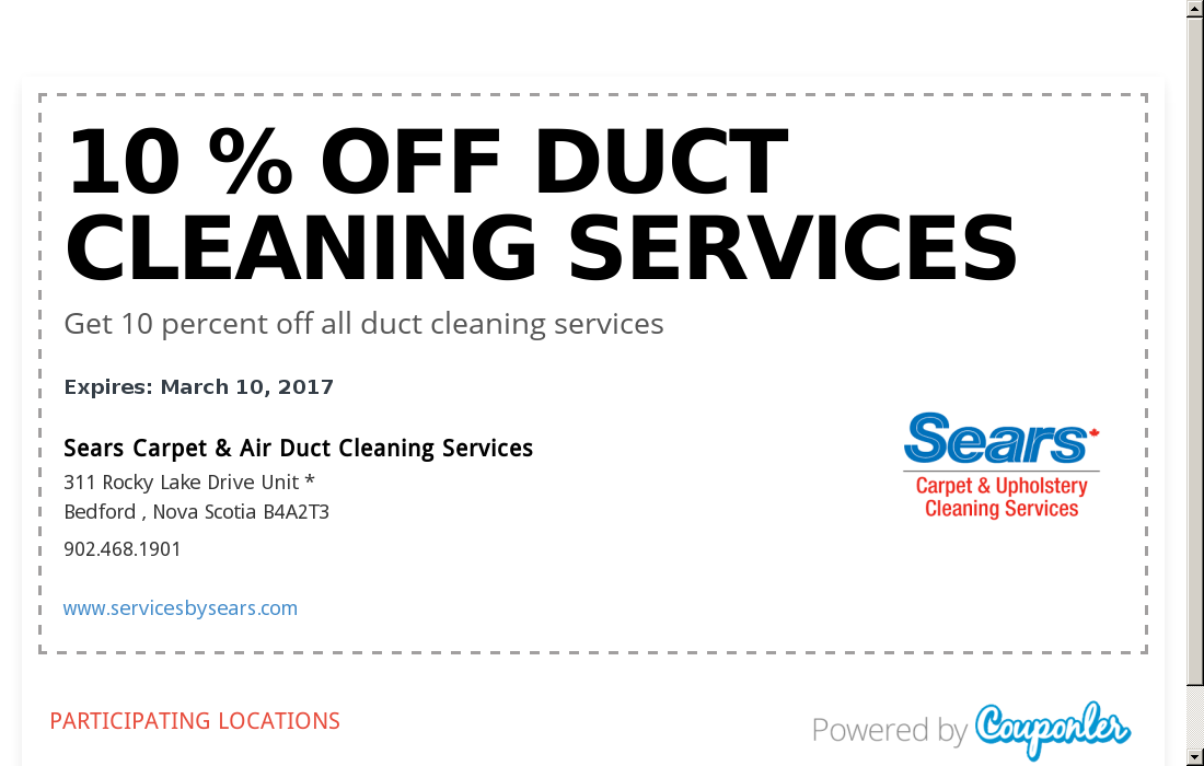 Sears Carpet & Air Duct Cleaning Services coupon 10 o... Couponler