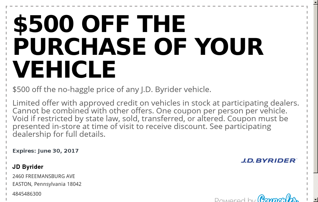 JD Byrider coupon 500 OFF THE PURCHASE OF YOUR VEHICLE Couponler