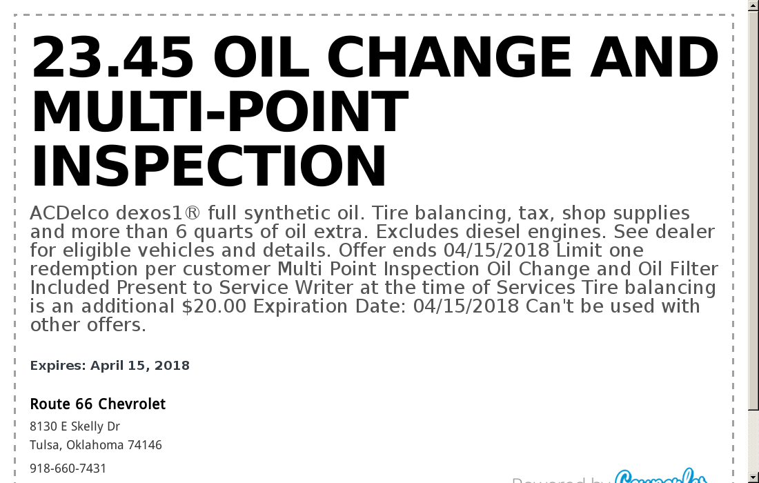 Route 66 Chevrolet Coupon 23 45 Oil Change And Multi Po